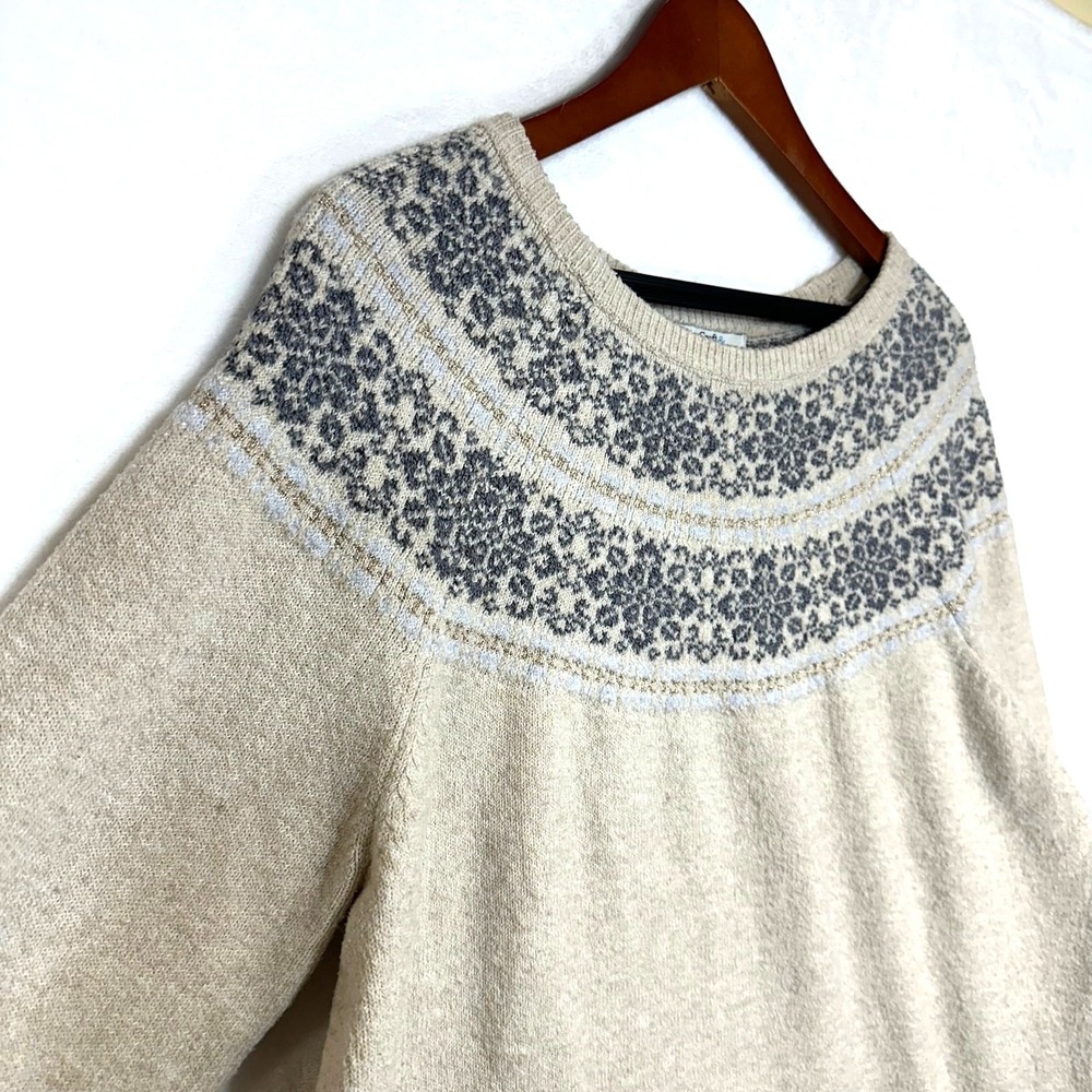 Croft & Barrow XL Fair Isle Yoke Sweater Beige Metallic Knit Cozy Winter Nordic